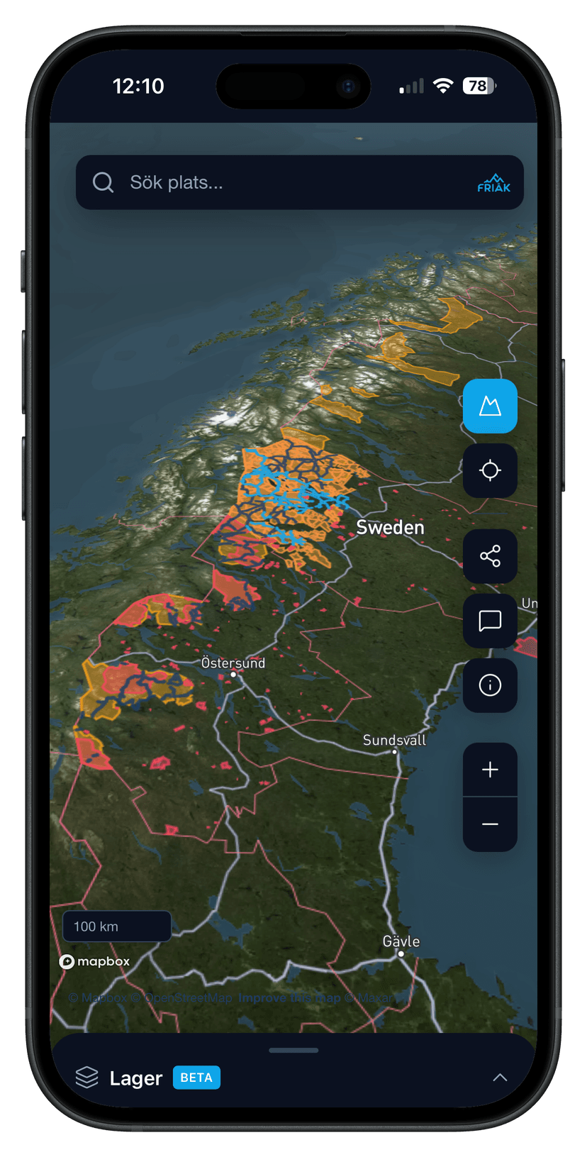 Friåk skoterkarta i iPhone — 3D-karta med friåkningsområden och skoterleder i svenska fjällen