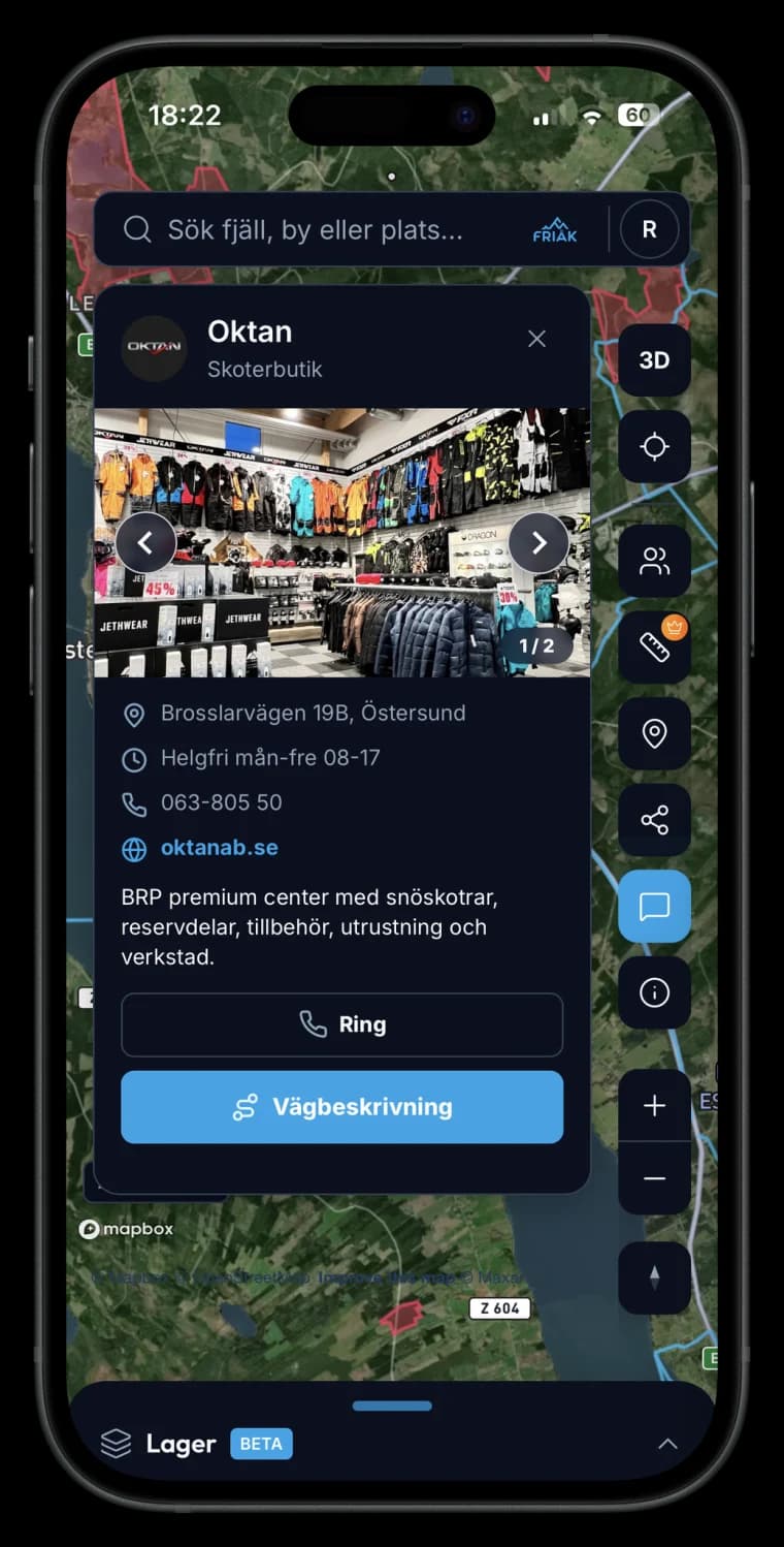 Friåk-appen som visar Oktans företagskort på kartan