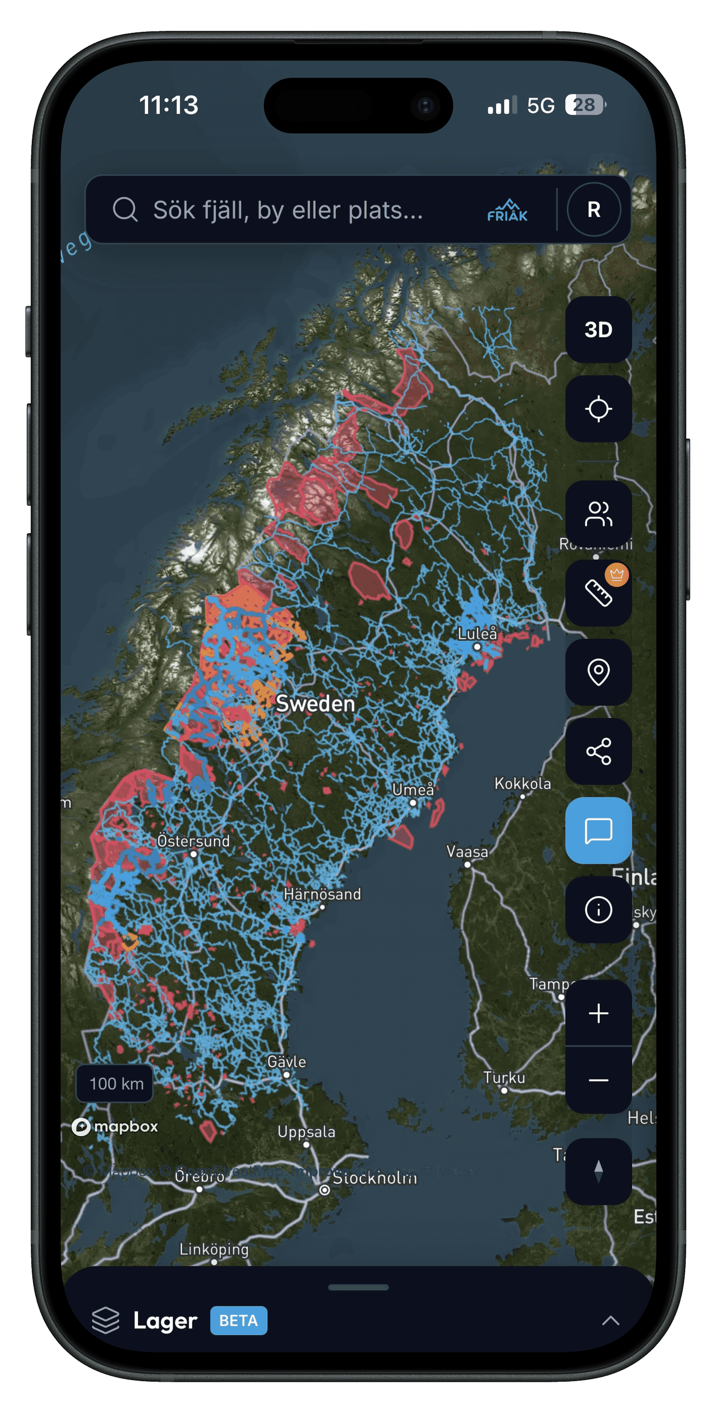 Friåk skoterkarta i iPhone: 3D-karta med friåkningsområden och skoterleder i svenska fjällen